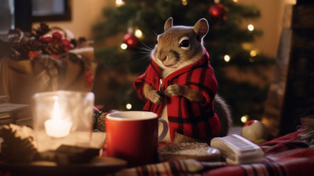 Young blond boy in red winter sweater playing with little grey rat laying on green sofa against Christmas lights : Generative AIの素材