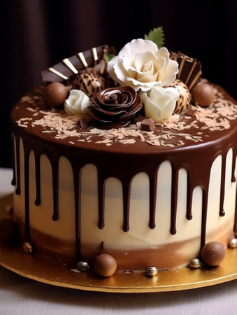 chocolate cake with decoration flower rose : Generative AIの素材