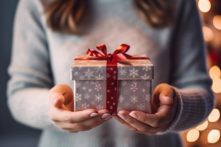 Woman in winter squared pyjamas holding a present against Christmas tree with lights Holiday concept : Generative AIの素材