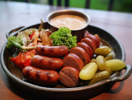 Sausage with vegetables on a plate : Generative AIの素材