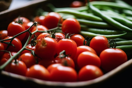cherry tomatoes and a bunch of asparagus on the sieve : Generative AIの素材