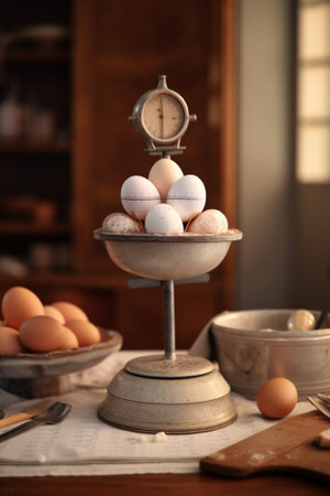 metallic scale with two egg in pans : Generative AIの素材