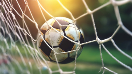 football goal net during the game selective focus football players in blur : Generative AIの素材