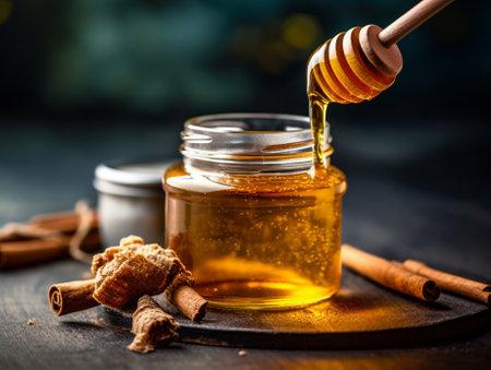 honey decorated with cinnamon on a wooden background : Generative AIの素材
