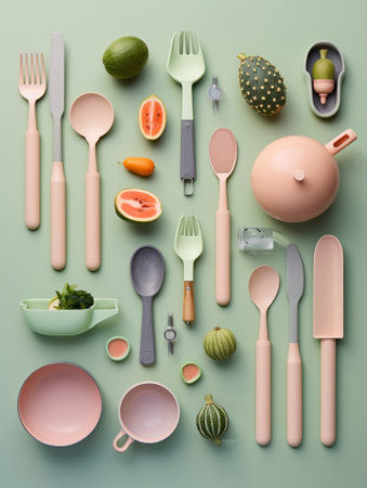 set of fruits and colorful kitchenware Top view : Generative AIの素材