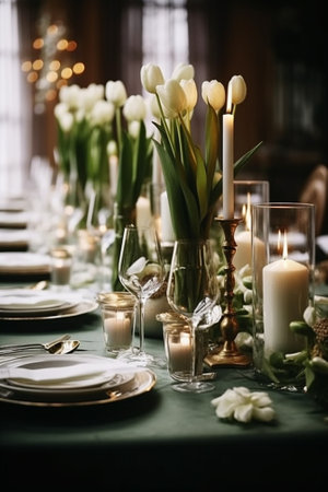 white table set for party with flowers candle and bulbs : Generative AIの素材
