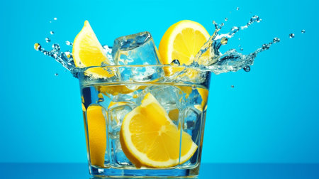 summer drink with ice and lemon on blue background : Generative AIの素材