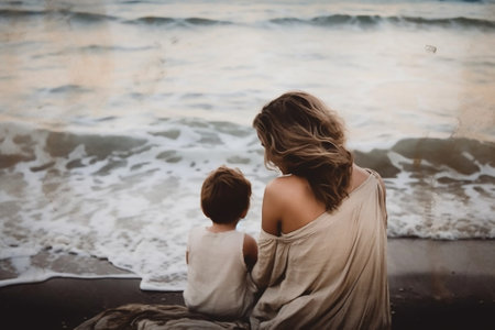 mother and a son on the seacoast : Generative AIの素材
