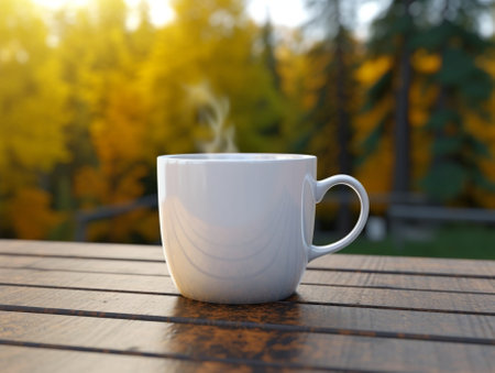 A cup of tea with slice of lemon standing at the terrace against autumn forest background Copy space : Generative AIの素材
