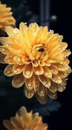 Blooming yellow Mums or Chrysanthemums with rain drops autumn flower background : Generative AIの素材