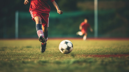 Blur of young kids playing a youth soccer match outdoors on an green soccer pitch : Generative AIの素材