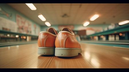 Bowling kit with shoes and ball on the alley : Generative AIの素材