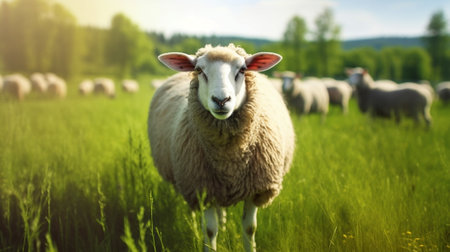 Sheep on a green meadow : Generative AIの素材