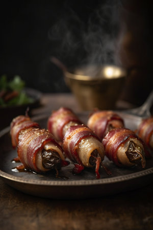 Baked prunes in bacon on a plate : Generative AIの素材