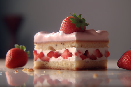 Chopped strawberries lie on a custard cake : Generative AIの素材