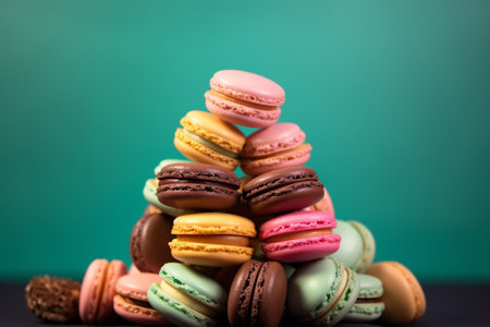 Cake macaron or macaroon on blue background from above colorful almond cookies pastel colors : Generative AIの素材