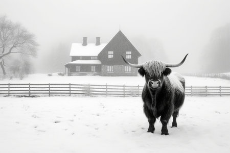 A small bull with a red leash stands near a white fence against the background of a Christmas house under flying snow Copy space : Generative AIの素材