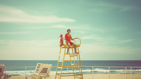 Cute blond teen boy in red headband posing with white surfboard against lifeguard tower on the beach : Generative AIの素材