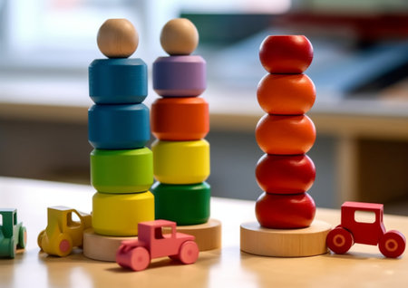 Colourful wooden toy on white desk against studying kids Focus is at the toy : Generative AIの素材