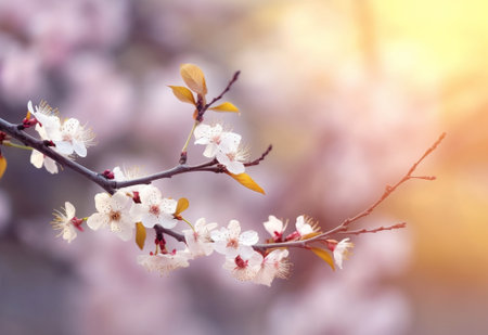 Flowering branch and a flower pear tree on the blurred background of a spring garden Selective focus : Generative AIの素材
