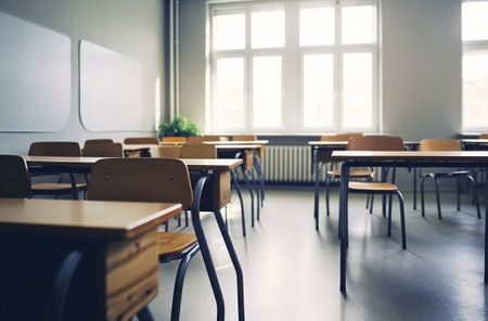 Empty classroom with desks and chairs : Generative AIの素材