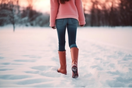 Girl in red boots in deep snow Winter concept : Generative AIの素材
