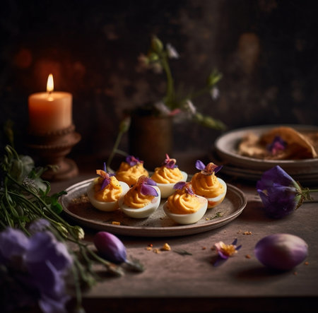 Easter eggs and tulips on wooden plate : Generative AIの素材