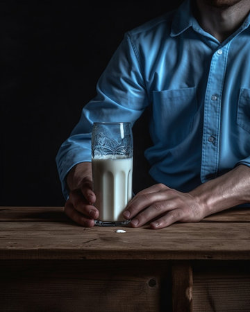 Hand holding bottle of milk in front of the fridge : Generative AIの素材