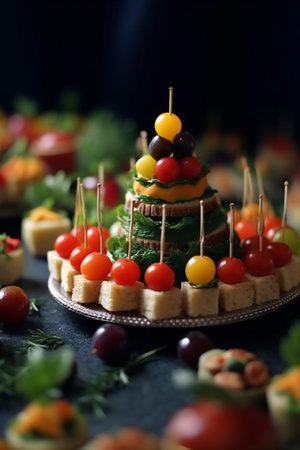 Decorative Garnished Modern Canapes Served at Party : Generative AIの素材