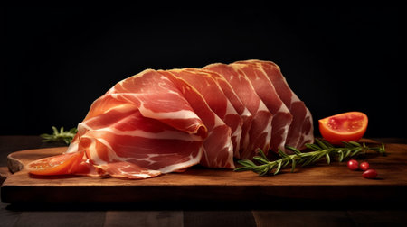 Jambon mix Ham Traditional Italian and Spanish salting smoking drycured dish jamon Serrano and prosciutto crudo sliced with cream and tomatos : Generative AIの素材