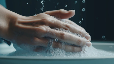 Males doctors hands washing with foam under the water stream Copy space : Generative AIの素材