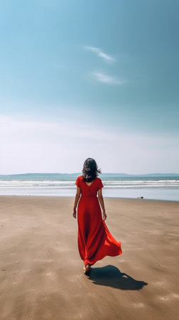 Beautiful young blonde woman in scarlet red dress walking dancing along the coast with white sand in the summer Copy space : Generative AIの素材