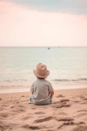 Little fat boy on the beach sits with his back against the background of the sea : Generative AIの素材