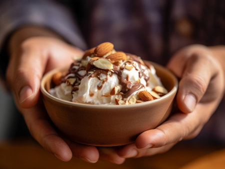 Hand holding chocolate granola yogurt in front of open refrigerator : Generative AIの素材