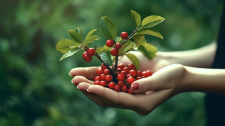 Girls hands holding bunch of red hawthorn in the garden Green background : Generative AIの素材