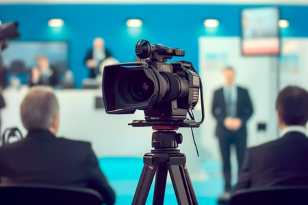 News conference Filming an event with a video camera selective focus : Generative AIの素材