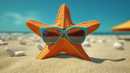 Funny starfish with sunglass on the sandy beach at sea background : Generative AIの素材