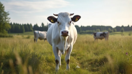 Portrait of a grey young cow standing in the meadow Copy space : Generative AIの素材