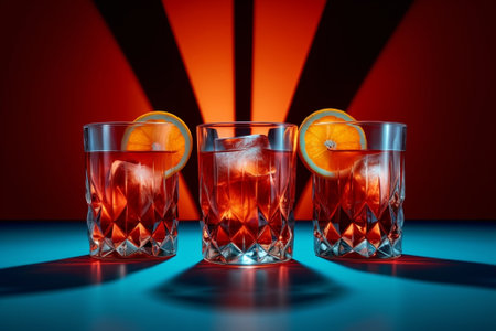Rows of glasses with orange drink and ice cubes : Generative AIの素材