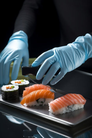 Waiters hand in black medical glove holding the plate with smoked fish slicing : Generative AIの素材