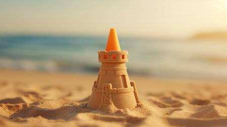 Sand castle on the sea coast shooter during sunset Summertime concept Copy space : Generative AIの素材