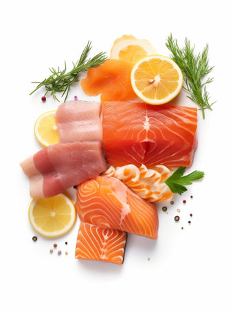 Raw salmon fillet spices and vegetables on a white plate Top view : Generative AIの素材