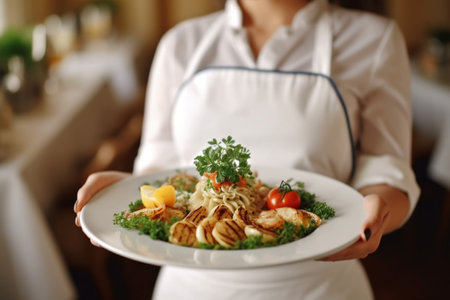 Waiters hands holding fresh spaghetti with seafood on white plate in the restaurant : Generative AIの素材