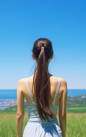 Young pretty long haired girl in white summer overalls talking the sea shell like a phone on a sea coast View from the back Copy space : Generative AIの素材