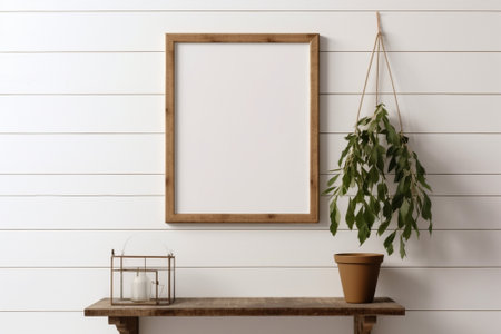 Wooden picture frame with a branch of pinetree and red flower on a white brick background : Generative AIの素材