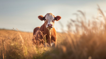 Portrait of brown young bull standing in the meadow Copy space : Generative AIの素材