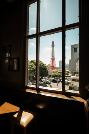 View through window to a modern building : Generative AIの素材