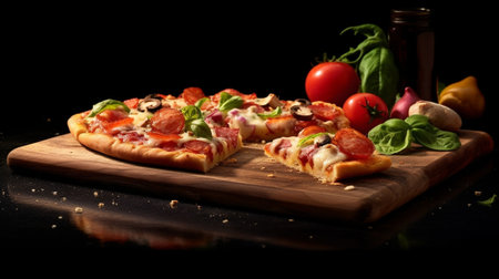 Tasty pizza on wooden board : Generative AIの素材
