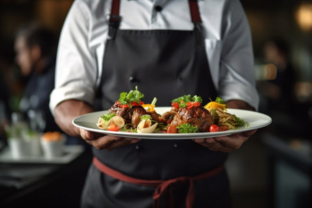 Young handsome waiter in black apron and medical mask holding plate with spaghetti against restaurant background : Generative AIの素材