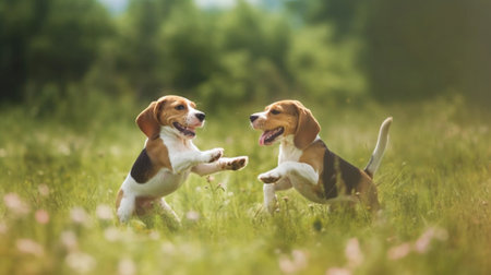 Young red cute beagle puppy jumping to his masters hand with feed on the green background Copy space : Generative AIの素材
